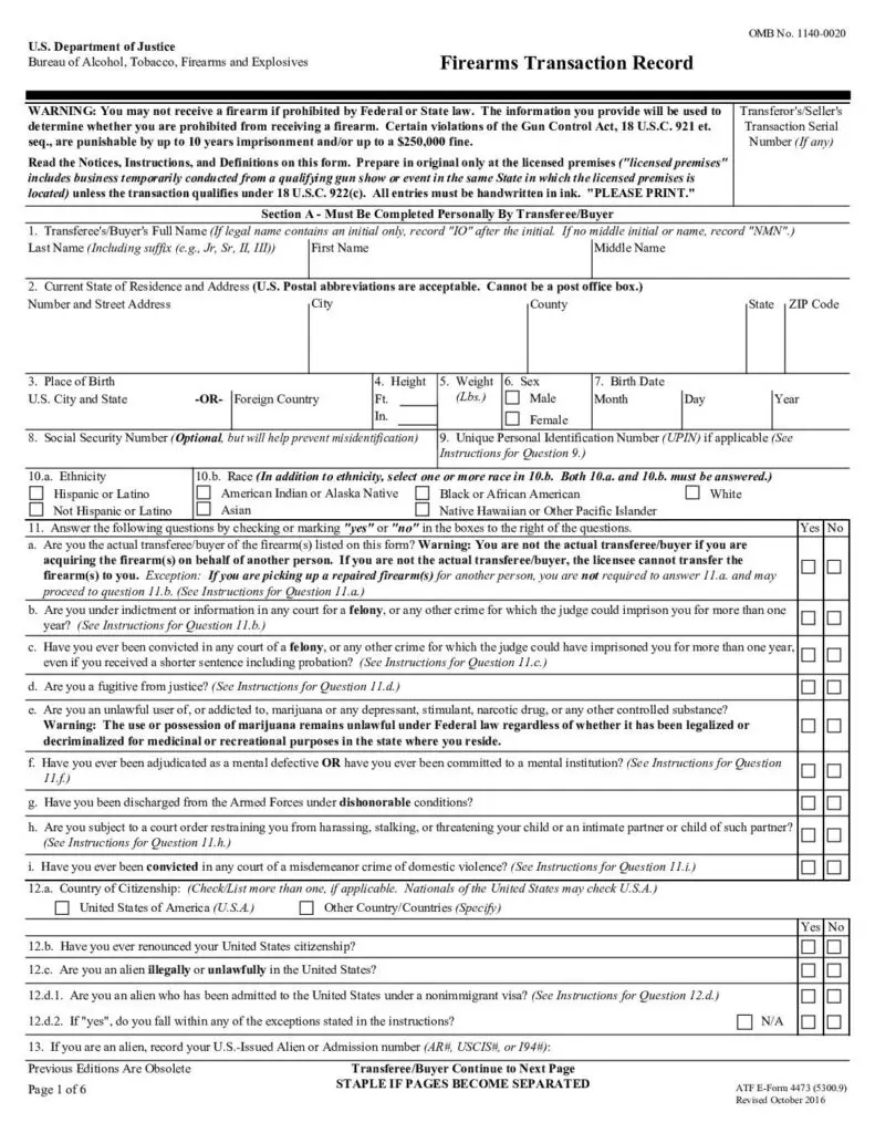 ATF Form 4473 Firearms Transaction Record, page 1